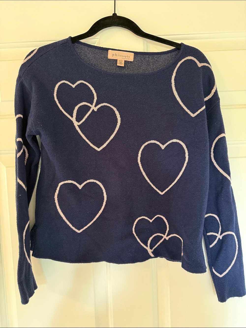Philosophy Navy Crewneck Sweater with Pink Heart Pattern